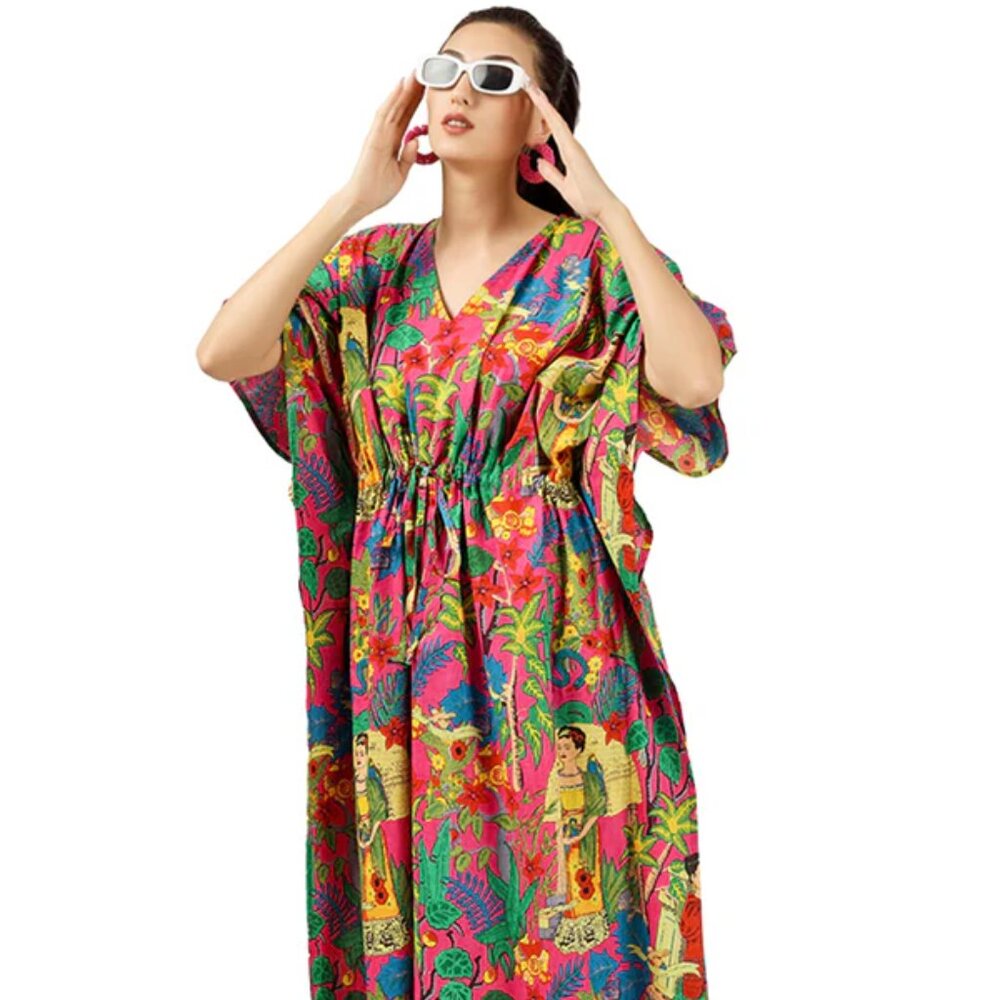 BRAND NEW Pink Frida Kahlo Block Printed Kaftan Cotton summer Maxi dress